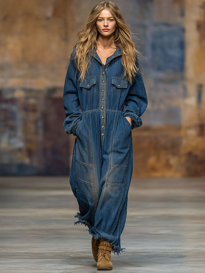 Casual Retro Distressed Frayed Dark Blue Denim Long-sleeved Jumpsuit