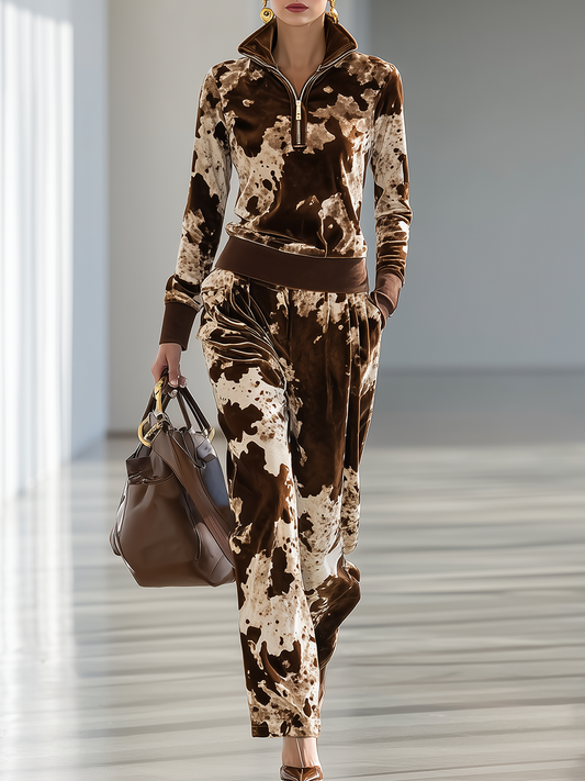 Stylish Retro Cow Print Velvet Top And Wide-leg Pants Set