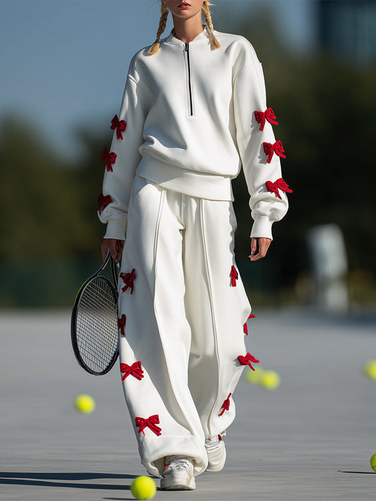 Ballet-inspired Sporty Red Bow White Sweatshirt And Wide-leg Pants Set