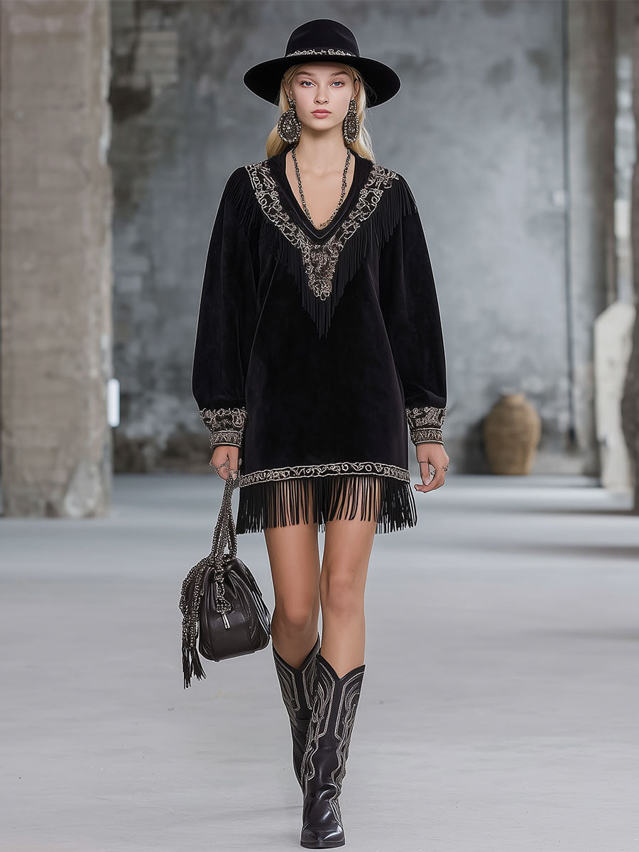 Western-style Embroidered Black Faux Suede Patchwork Tassel Mini Dress