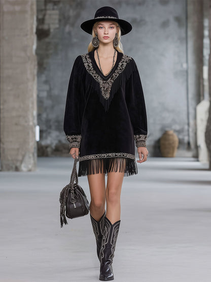 Western-style Embroidered Black Faux Suede Patchwork Tassel Mini Dress