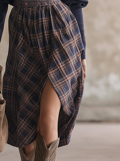 Casual Retro Sporty Navy Blue Sweatshirt Patchwork Plaid Mid-length Dress