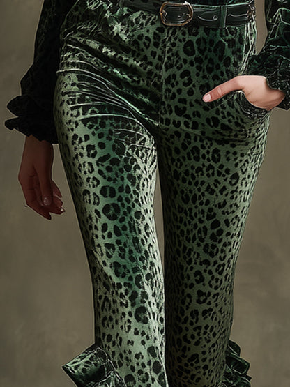 Vintage-style Ruffled Emerald Leopard Print Skinny Stretch Velvet Pants
