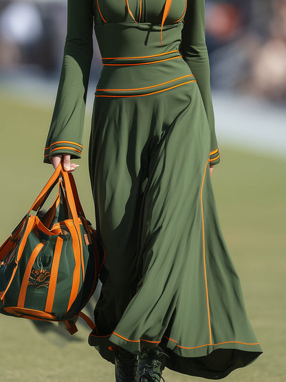 Stylish And Casual Orange-trimmed Green Hooded Sporty Maxi Dress