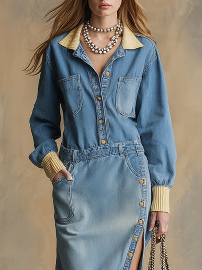 Casual Retro Distressed Blue Denim Long-sleeved Slit Midi Dress