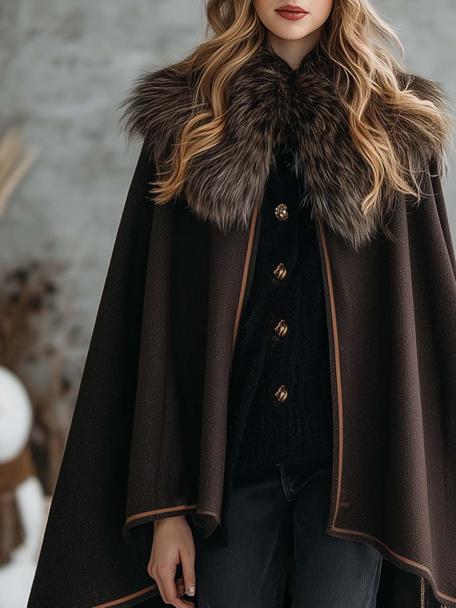 Vintage Warm Faux Fur Collar Dark Brown Woolen Cloak Coat