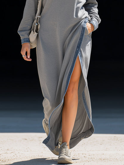 Casual Retro Blue Denim-trimmed Long-sleeved Grey Slit Sporty Maxi Dress