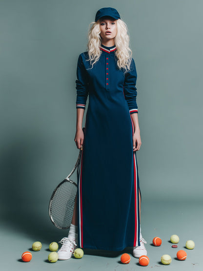 Trendy Sporty Stand-up Collar Red And White Ribbon Blue Slit Maxi Dress