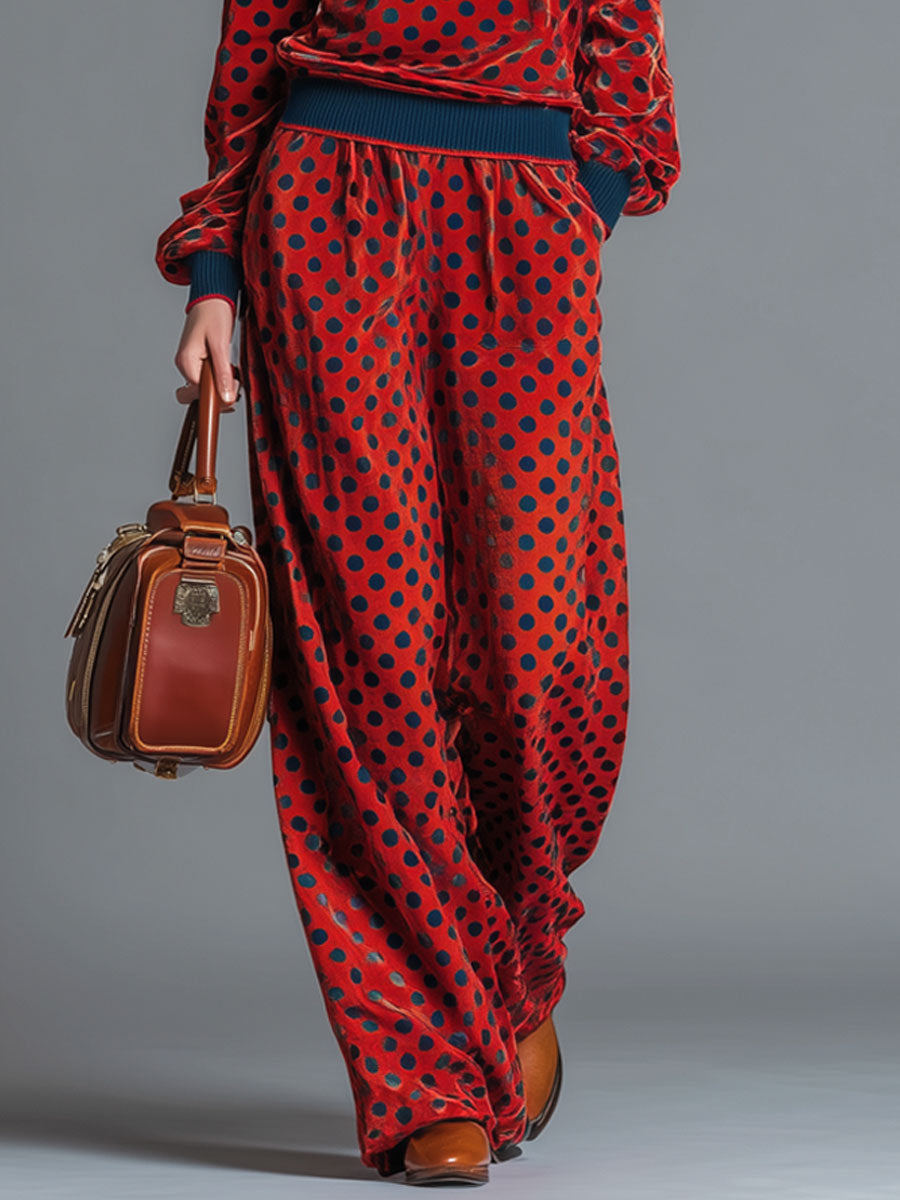 Sporty Retro Red Velvet Polka Dot Off-Shoulder Sweatshirt And Skirt Set