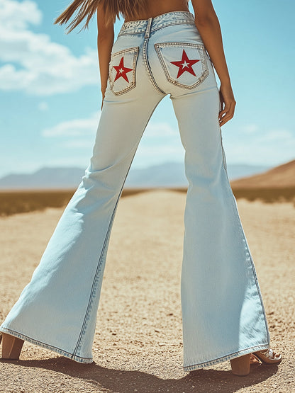 Vintage Back Pocket Star Embroidery Denim Flared Pants