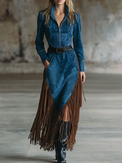 Western Retro Half-Zip Long-Sleeved Dark Blue Faux Suede Tassel Maxi Dress