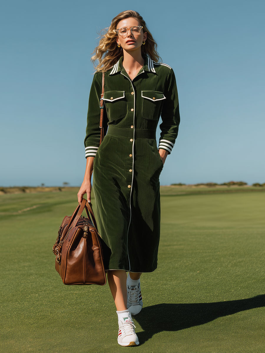 Sporty Retro Striped Dark Green Corduroy Long-sleeved Cardigan Midi Dress