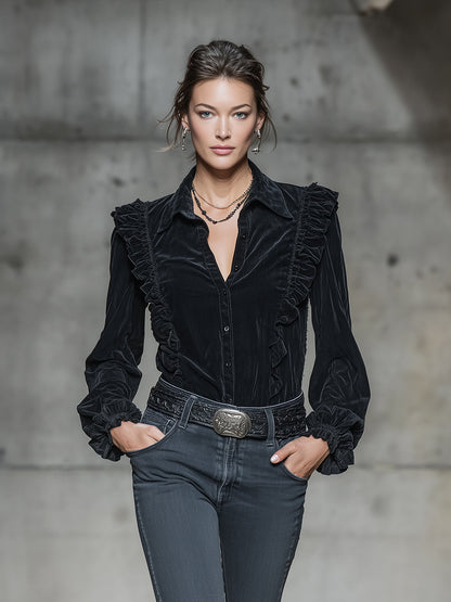 Stylish Black Faux Suede Long-sleeved With Ruffled Trim And Buttons Shirt