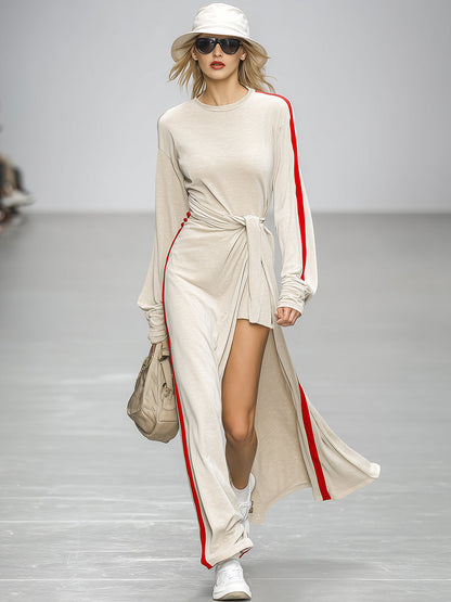 Casual And Stylish Red Trim Beige Sporty Maxi Dress