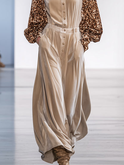 Casual Retro Leopard Print Sleeve Beige Velvet Maxi Dress