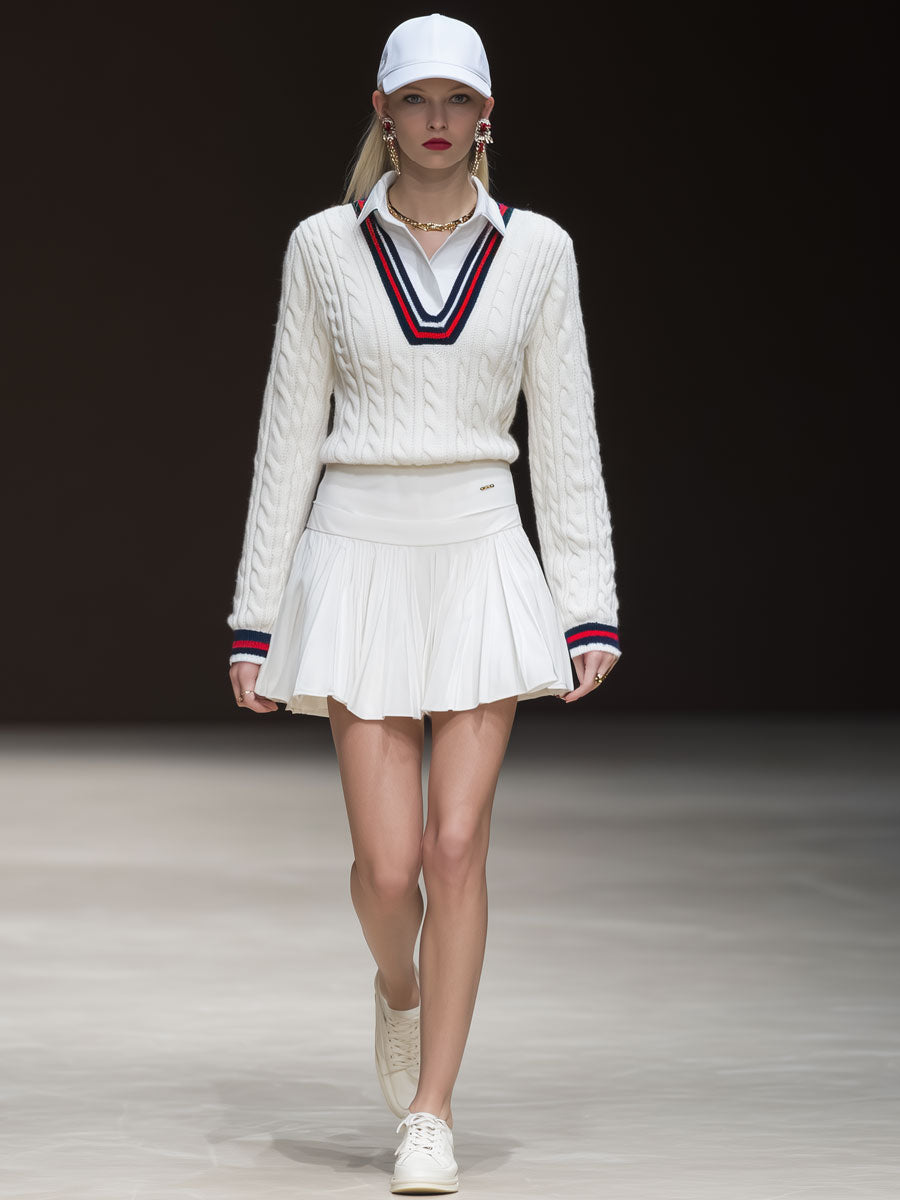 Sporty Retro Striped White Cable Knit Sweater And Pleated Skirt Set
