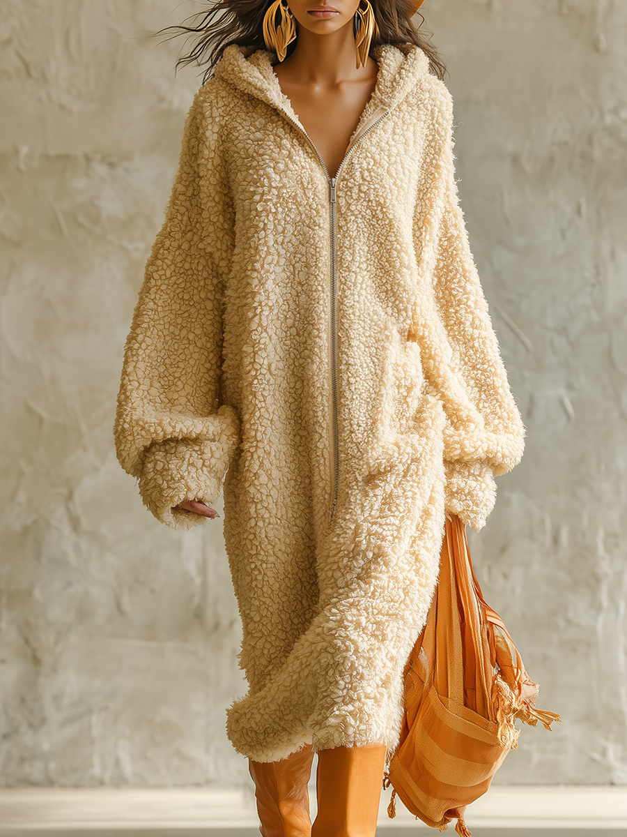 Sporty Casual Zip-up Hooded Sherpa Maxi Dress