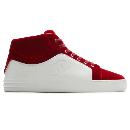 Chanel CC High White Red Velvet Sneaker - Preloved