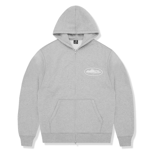 Corteiz Island Puff Print Heather Grey Zip-Up Hoodie