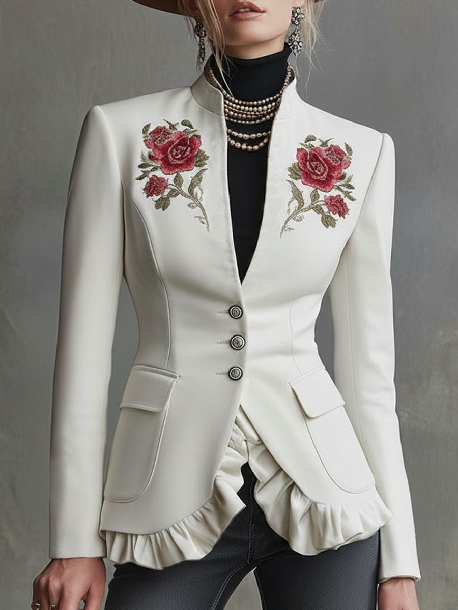 Stand-up Collar Single-breasted Double-pocket Rose-embroidered Woolen Blazer