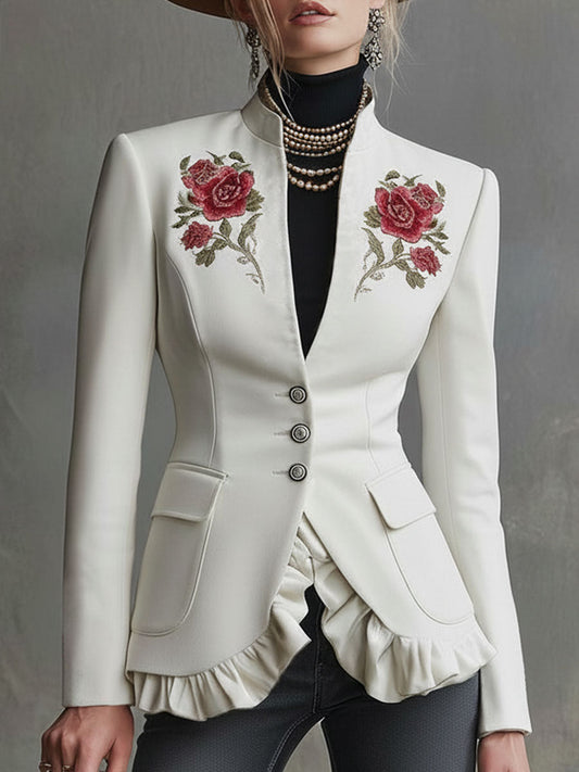 Stand-up Collar Single-breasted Double-pocket Rose-embroidered Woolen Blazer