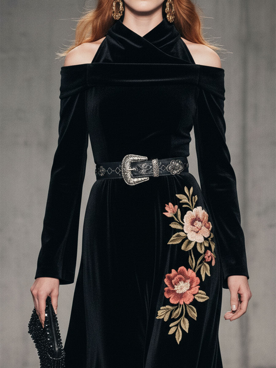 Western Black Velvet Neckline Unique Design Embroidered Midi Dress