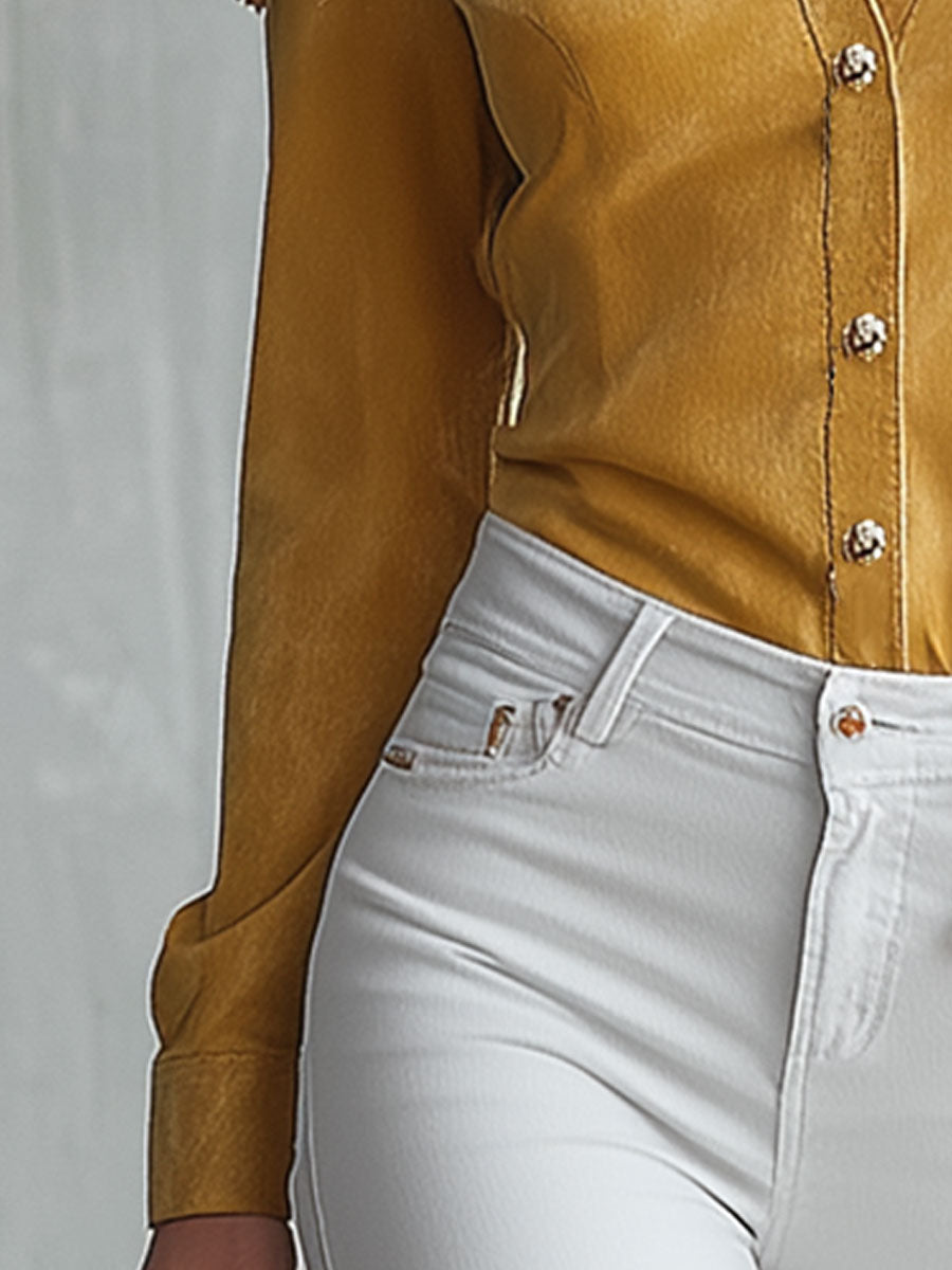 Western-style Yellow Faux Suede Patchwork Tassel Shirt