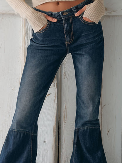 Western Retro Ruffled Dark Blue Flared Denim