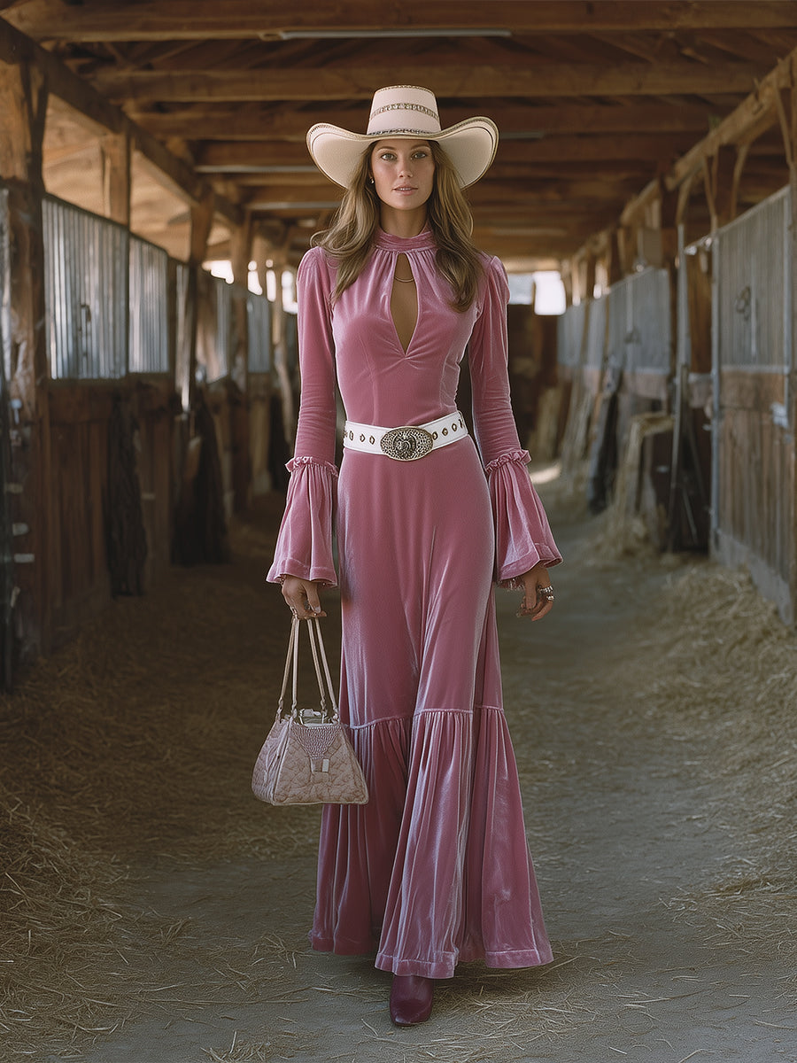 Western-style Elegant Teardrop Neckline And Flared Sleeve Maxi Dress