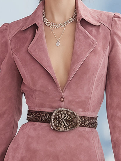 Western-style Pink Faux Suede Shirt Collar Ruffled Mini Dress