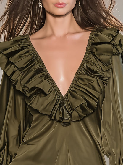 Casual And Stylish Ruffle Trim Olive Green V-neck Satin Shirt