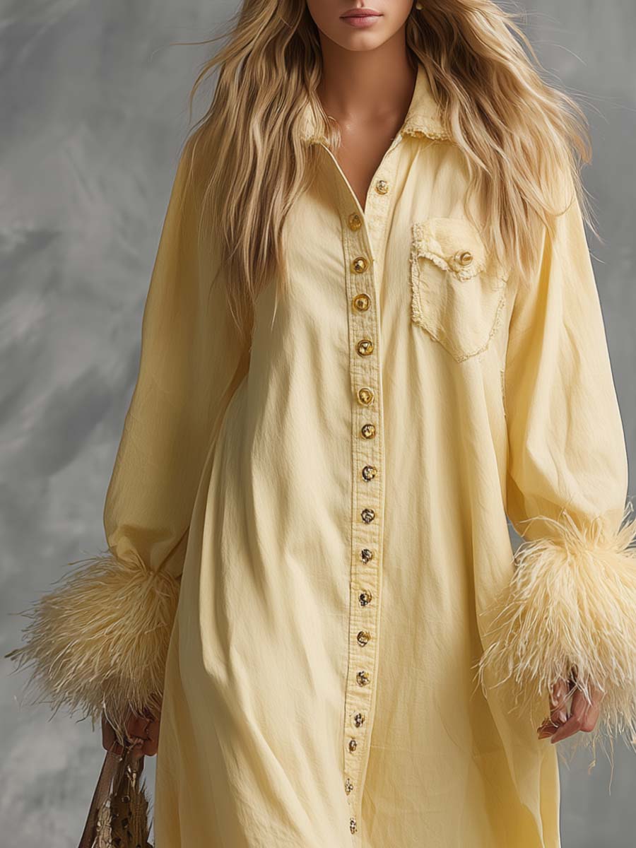 Casual Fashion Lapel Front Buckle Faux Fur Cuffs Light Yellow Cotton Loose Midi Dress
