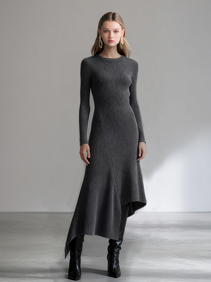 Casual Round Neck Long Sleeve Asymmetrical Hem Knitted Ribbed Maxi Dress