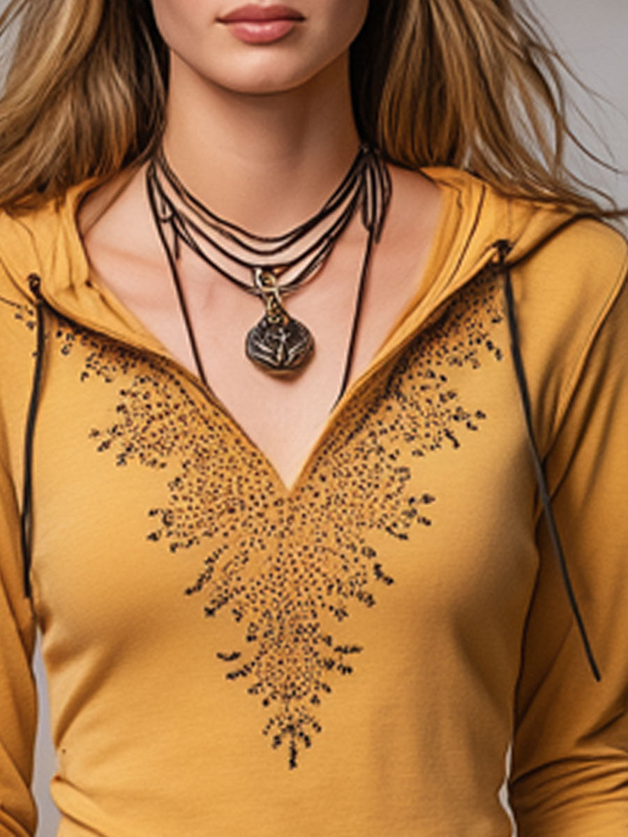 Casual Retro Rhinestone Yellow Cotton Long-Sleeve Hooded T-Shirt