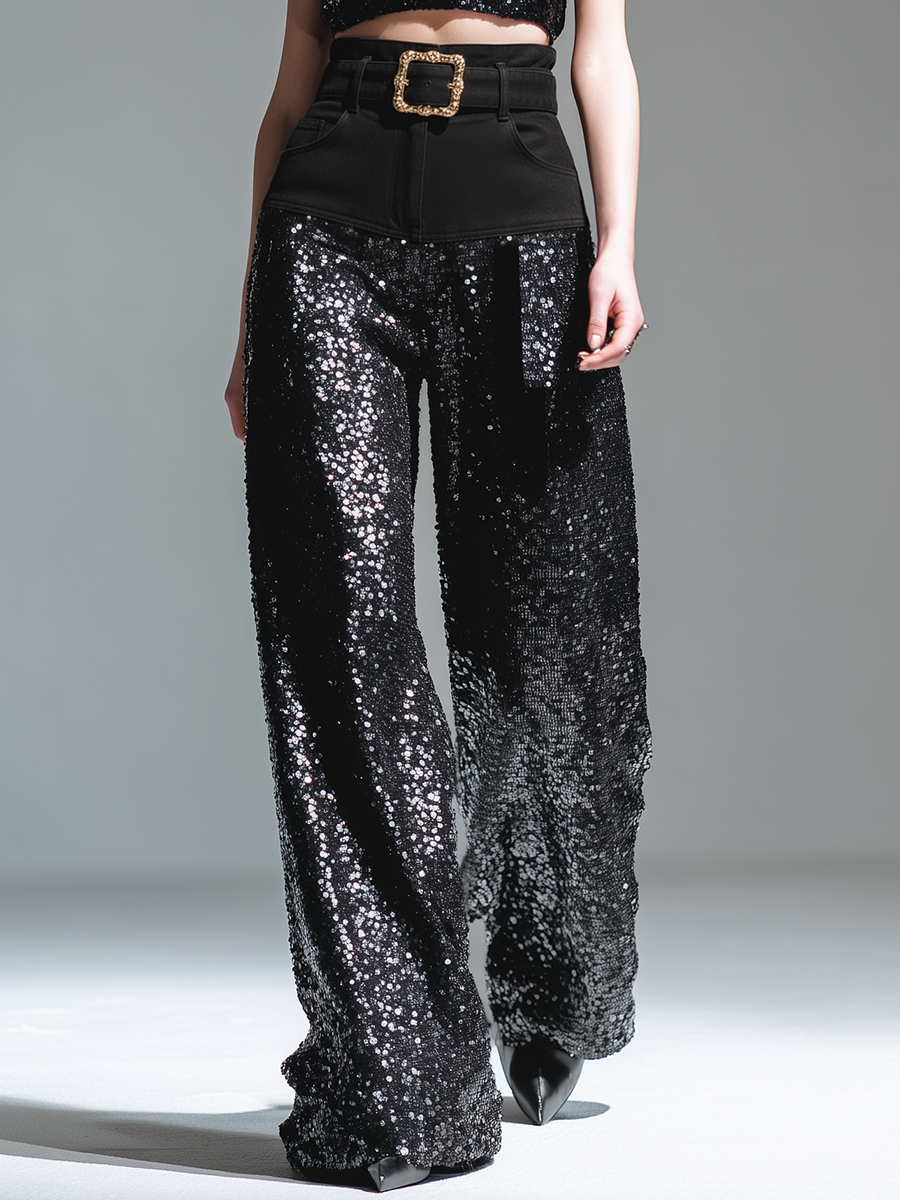 Trendy Urban Denim Patchwork Sequined Wide-leg Pants