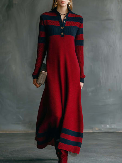 Vintage Fashion Sporty V-neck Front Button Navy Contrast Stripes Red Knitted Maxi Dress