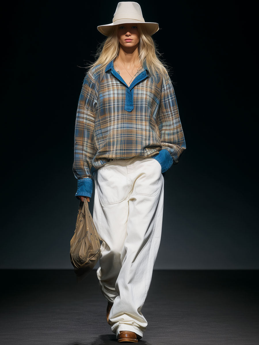 Casual Retro Blue Denim-trimmed Plaid Sweatshirt