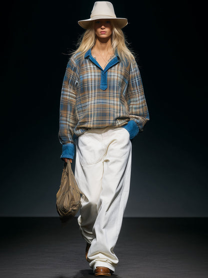 Casual Retro Blue Denim-trimmed Plaid Sweatshirt