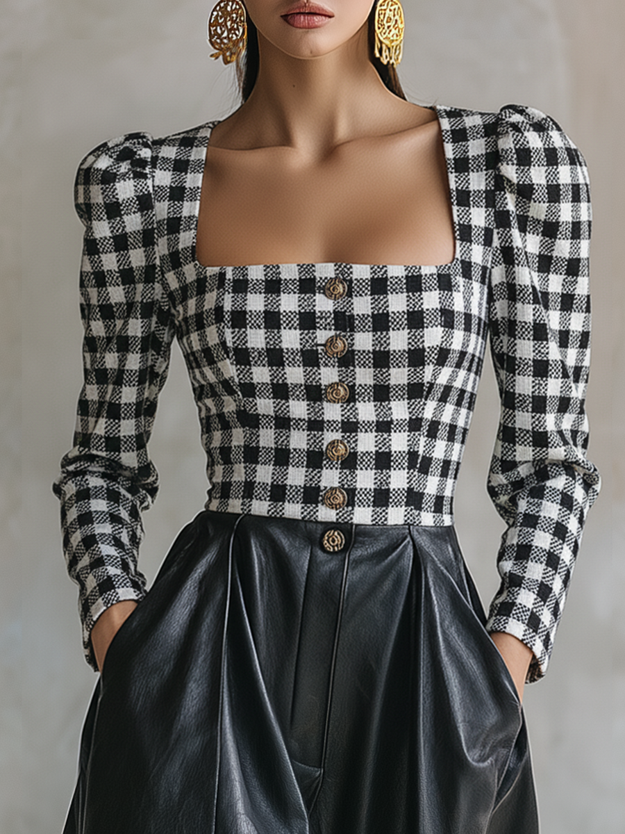 Stylish Retro Plaid Patchwork Faux Leather A-line Maxi Dress