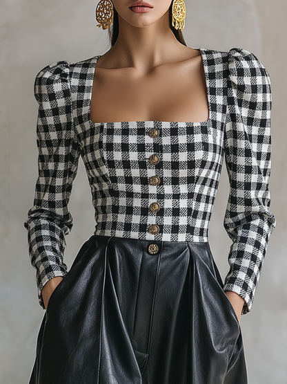 Stylish Retro Plaid Patchwork Faux Leather A-line Maxi Dress