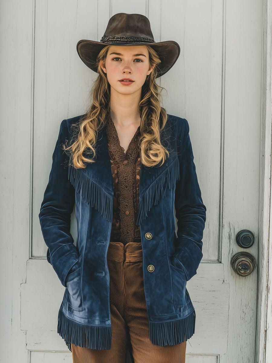 Western Retro Dark Blue Velvet Fringed Suit Jacket