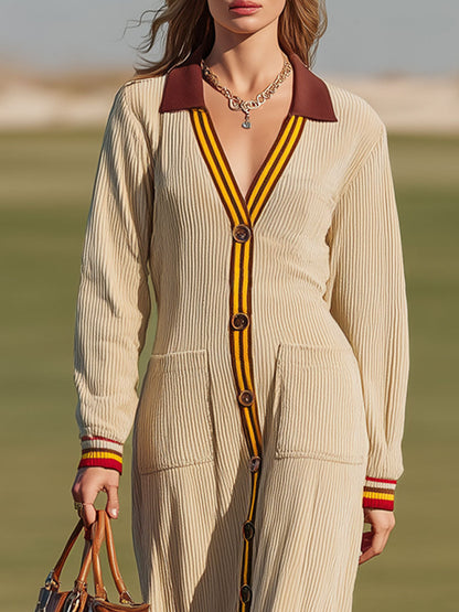 Sporty Retro Striped Trim Light Khaki Corduroy Long-sleeved Midi Dress