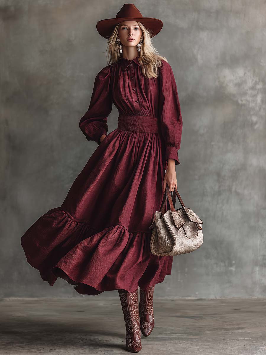 Vintage Western Countryside Lapel Button Front Bubble Hem Maroon Cotton Midi Dress