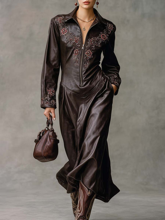 Vintage Western Embroidered Lapel Front Zipper Dark Brown Leather Midi Dress
