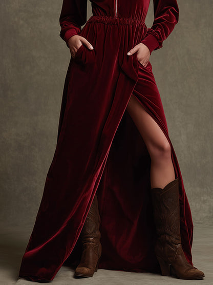 Trendy Retro Half-zip Long-sleeved Embroidered Deep Red Velvet Slit Maxi Dress