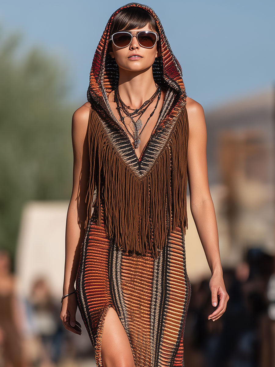Western Retro Colorful Striped Knitted Tassel Hooded Slit Maxi Dress