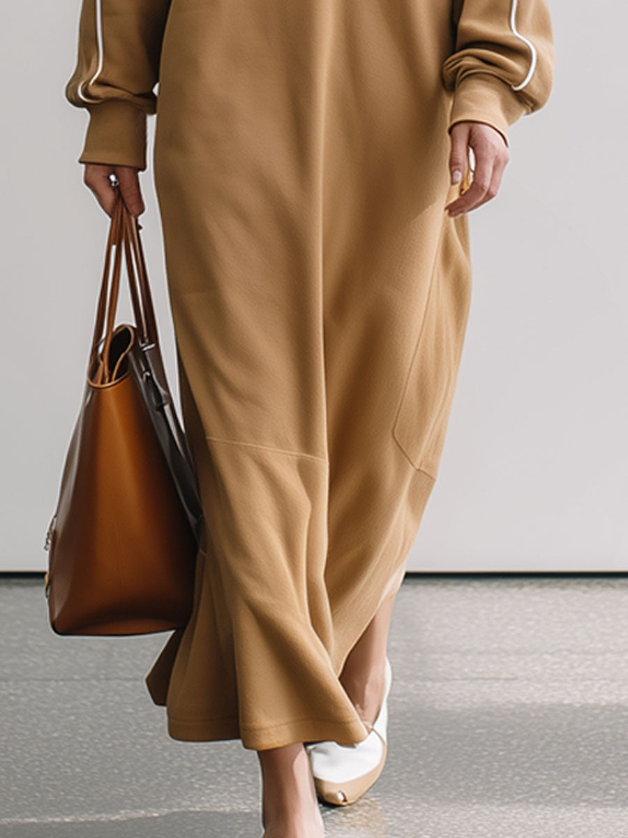 Casual Retro Half-zip Camel Cotton Fleece Slit Sporty Maxi Dress