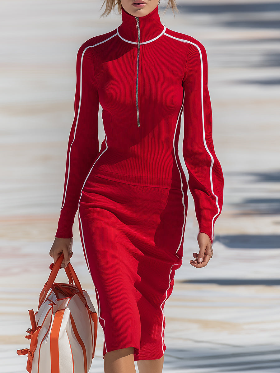 Stylish And Casual White-trimmed Turtleneck Zip-up Red Knit Midi Dress