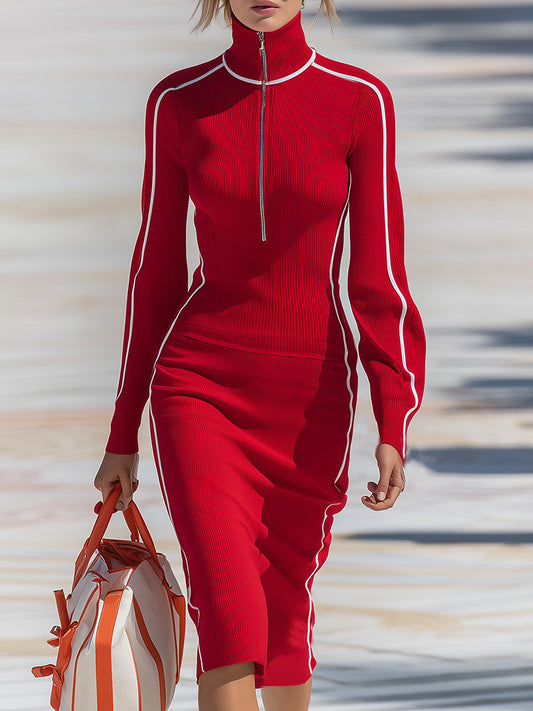 Stylish And Casual White-trimmed Turtleneck Zip-up Red Knit Midi Dress