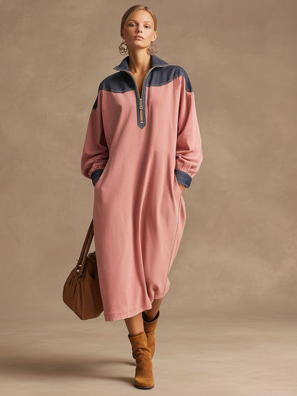 Casual Retro Pink And Blue Denim Long-sleeved Half-zip Midi Dress